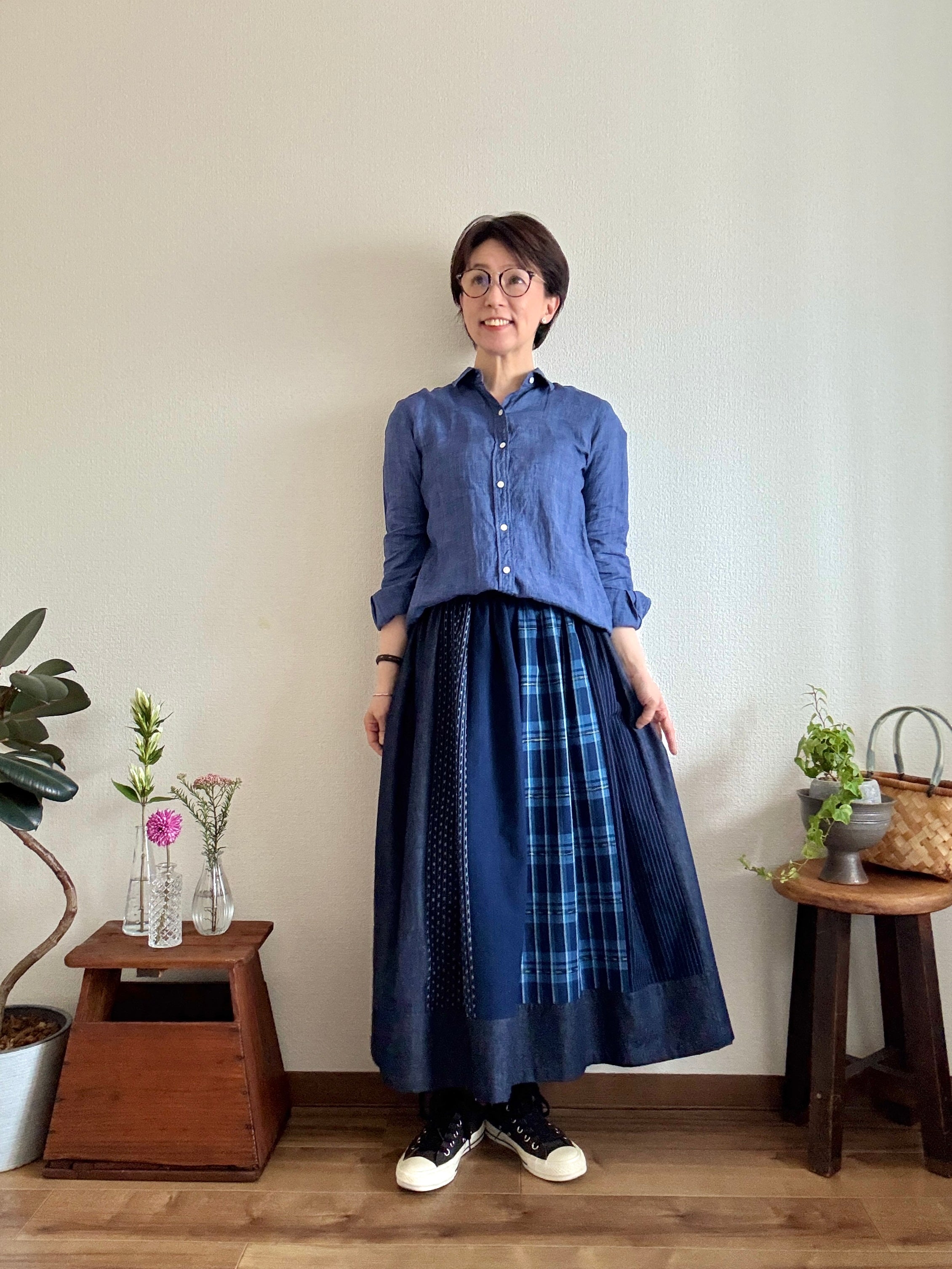 〈絣スカート〉藍のチェックさん
