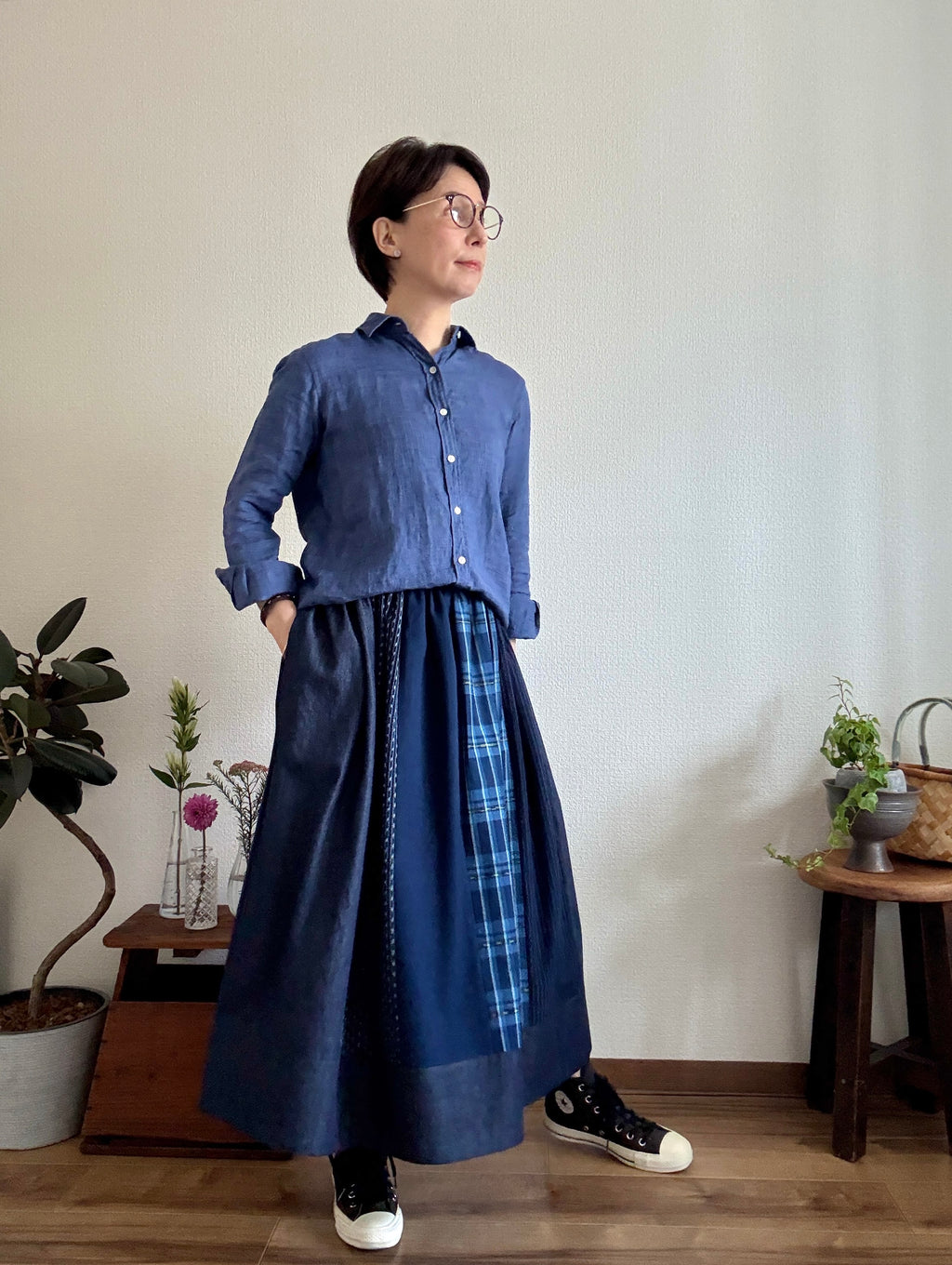 〈絣スカート〉藍のチェックさん
