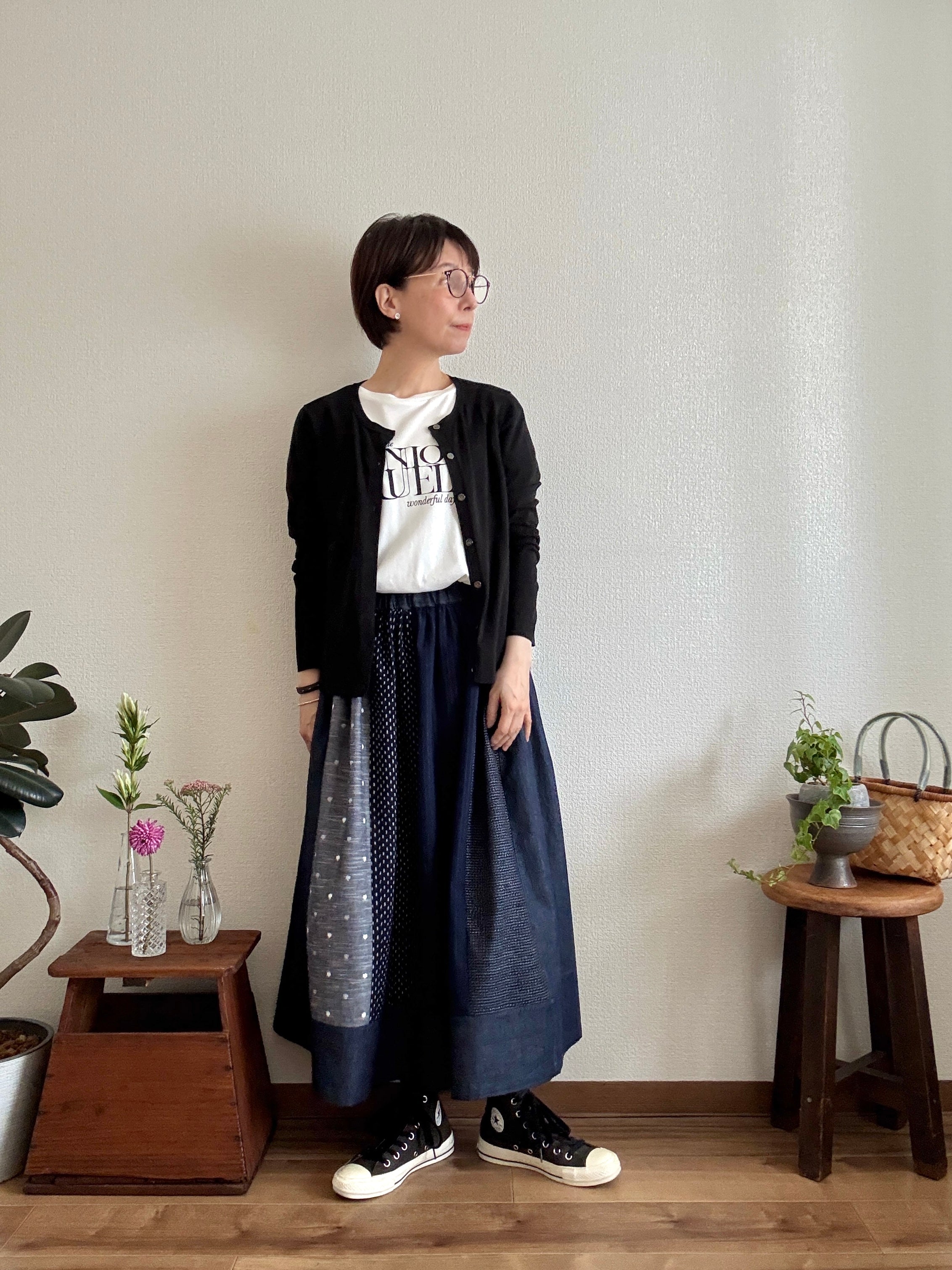 〈絣スカート〉縞絣とグレー水玉さん