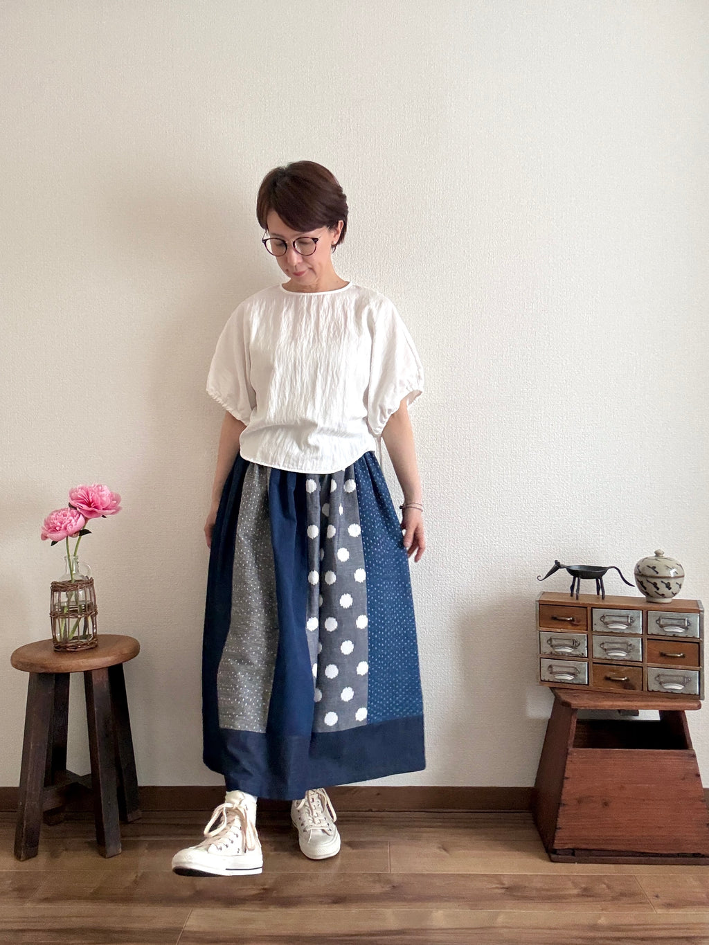 〈絣スカート〉おっきなグレー水玉さん