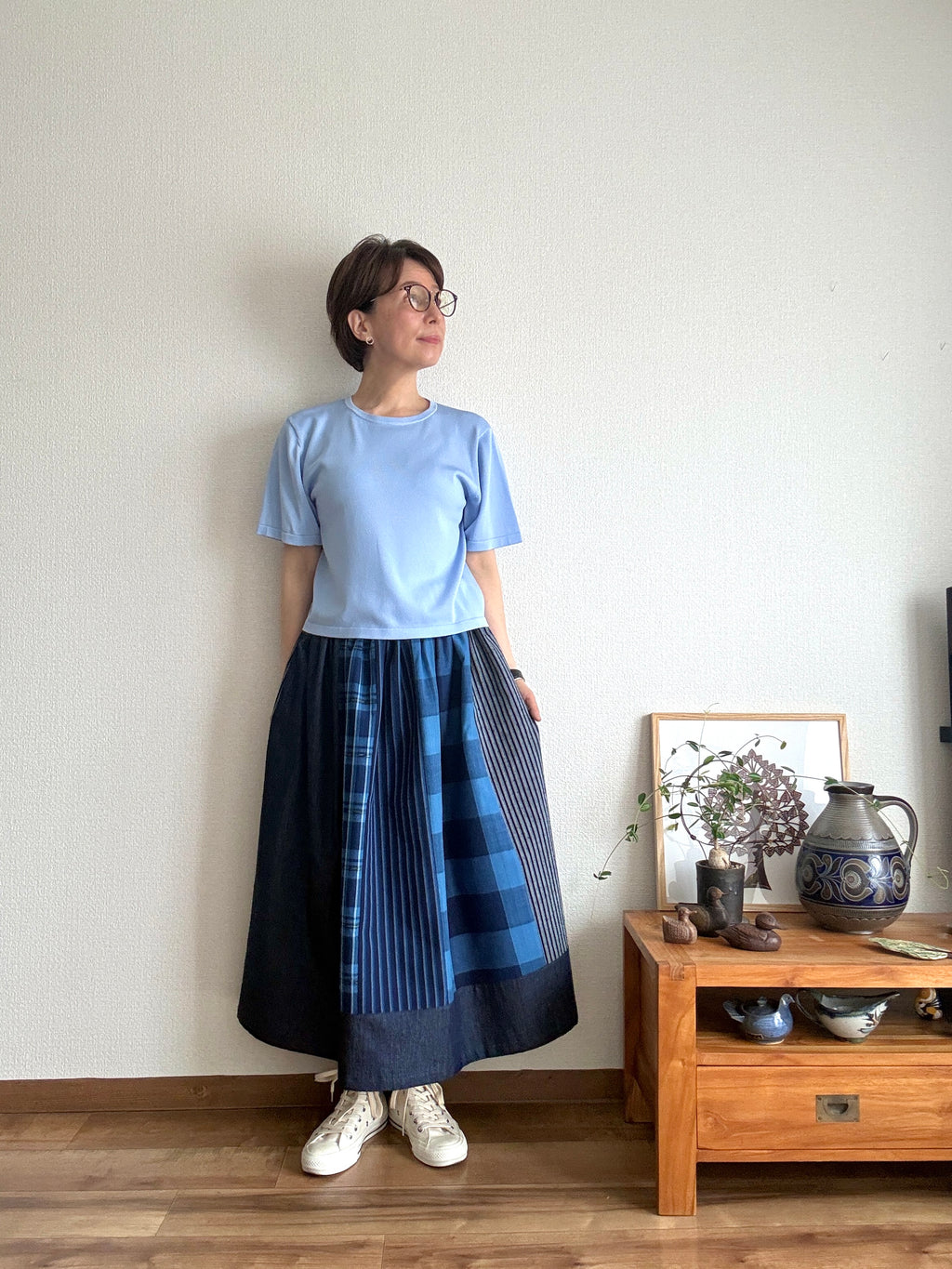 〈絣スカート〉藍のチェックonチェック