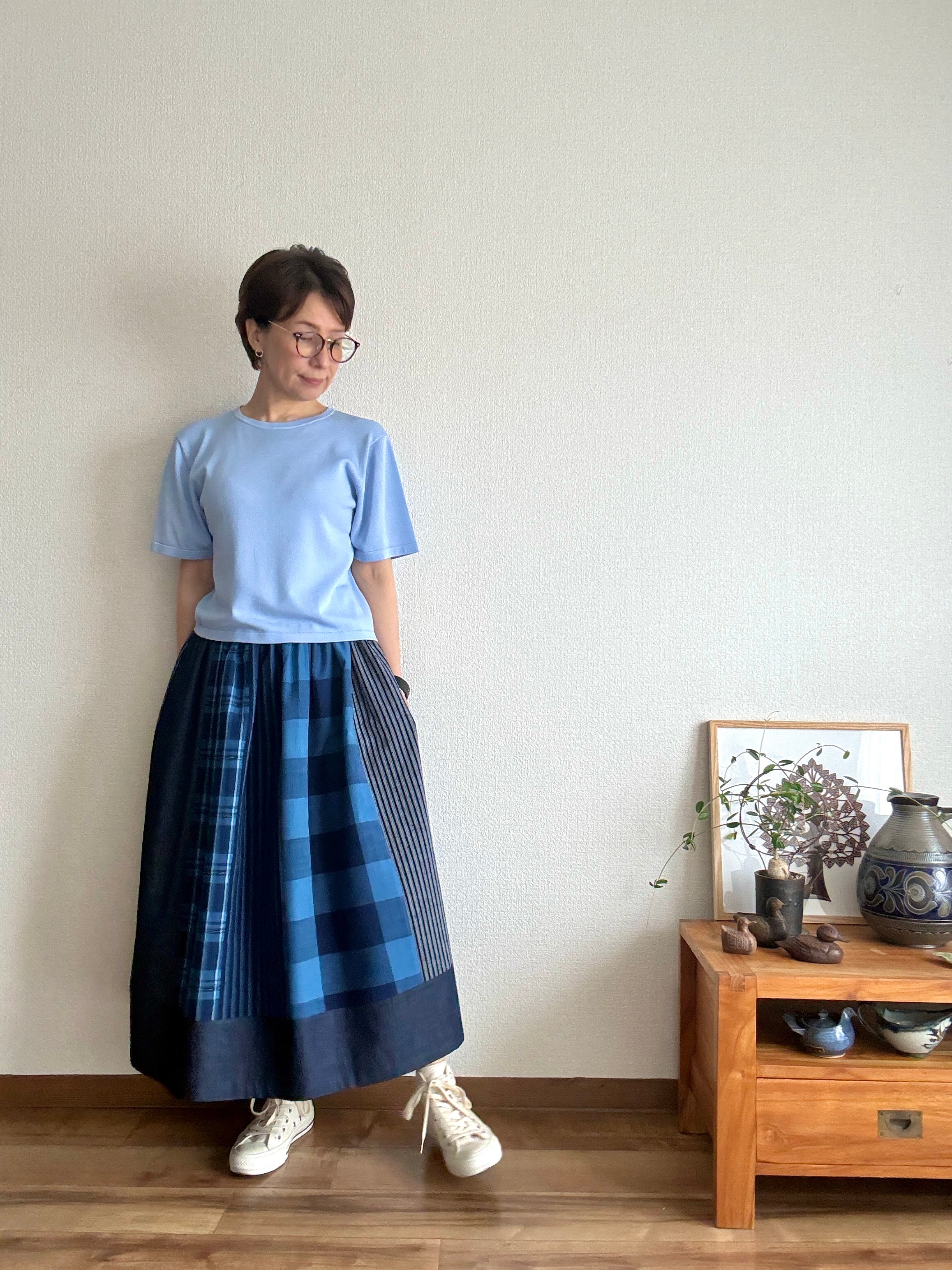 〈絣スカート〉藍のチェックonチェック
